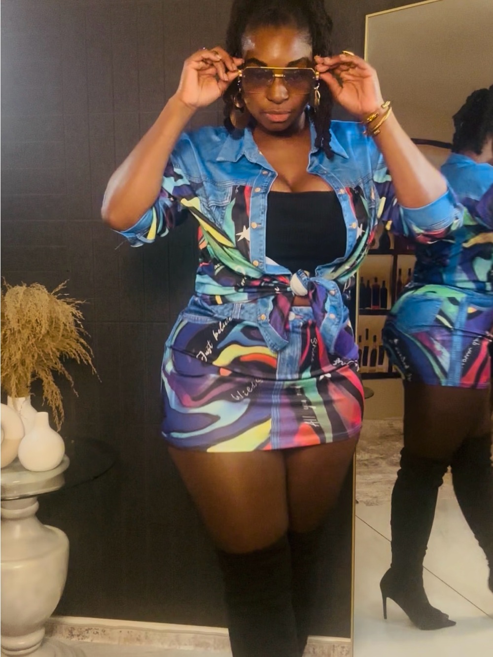 Multicolor Abstract Print Denim Mini Skirt two piece set
